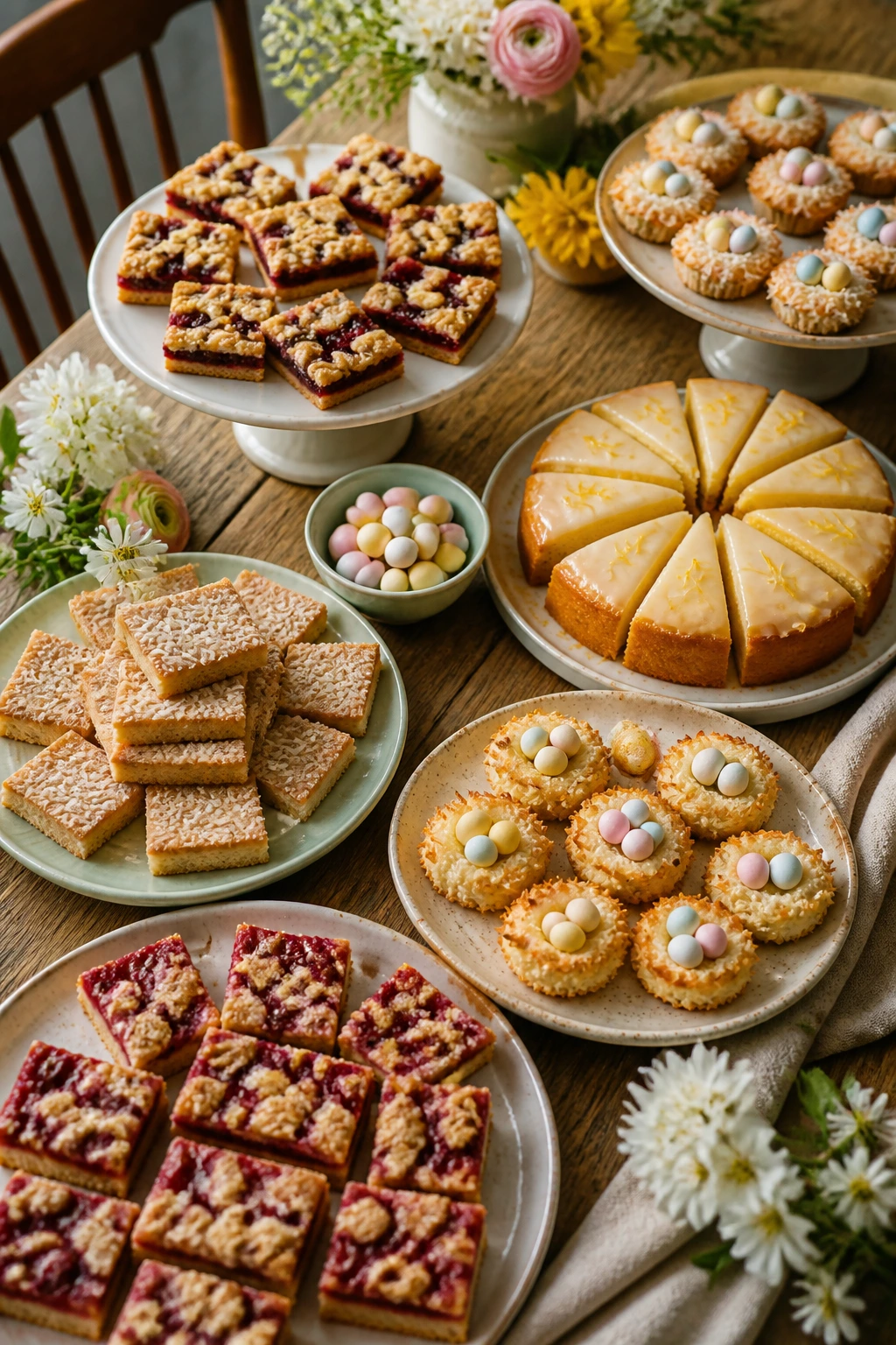 Finished Easter dessert table with jam bars, lemon cake, and coconut nests