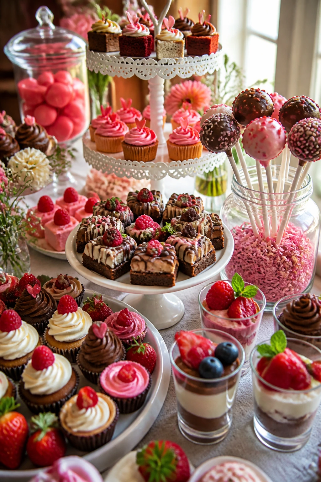 Close-up of a full dessert table with tiered stands, jars of cake pops, platters, berries, and mint in sunlit dining room