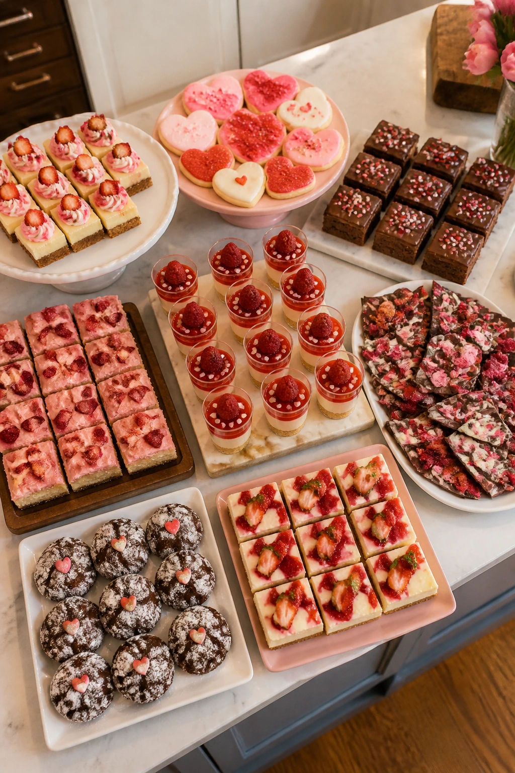 Overhead view of a dessert table spread with bars, slabs, cookies and mousse cups