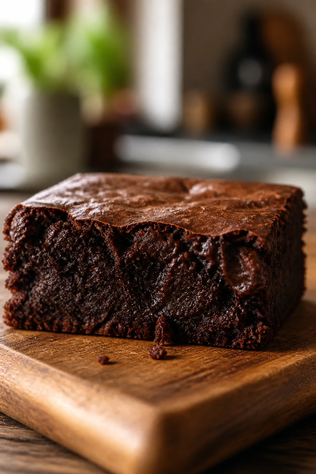 Close-up of a moist brownie slice with tender crumb on a wooden board in sunlit kitchen