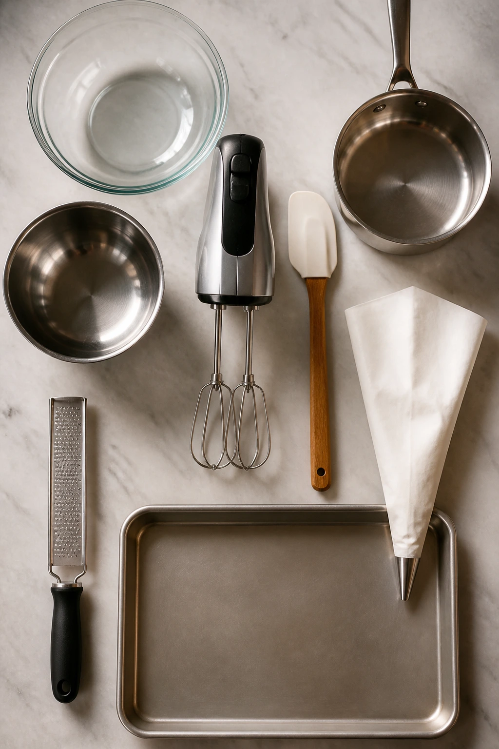 Tool setup for assembling chocolate mousse cups arranged on a counter