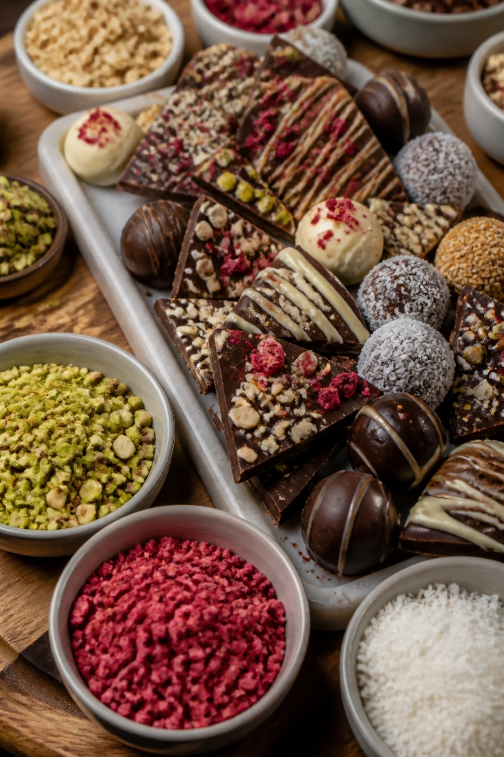 Close-up of a chocolate bark and truffle board with toppings bowls in a warm kitchen