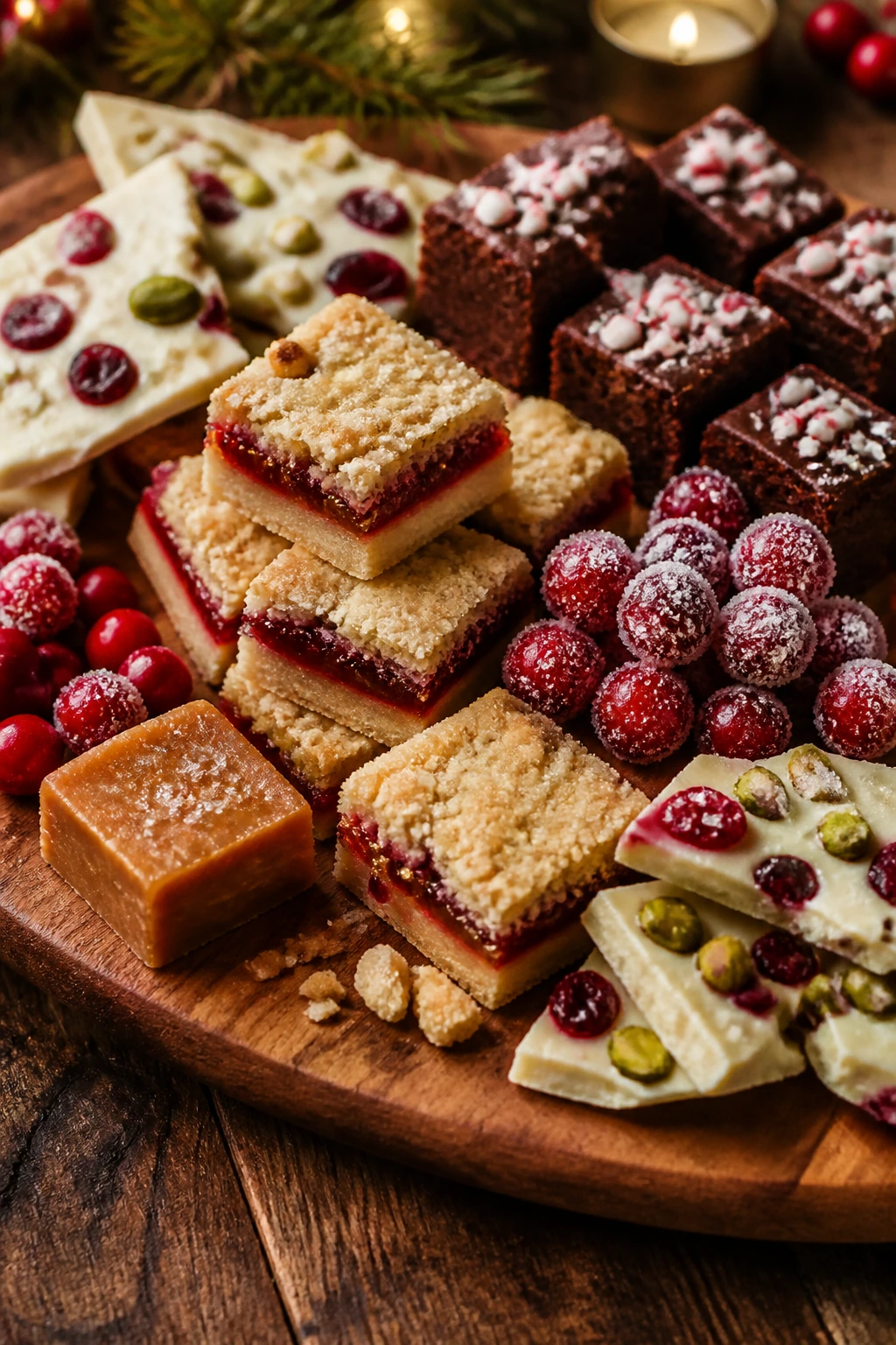 Close-up of a colorful holiday dessert tray with diverse sweets