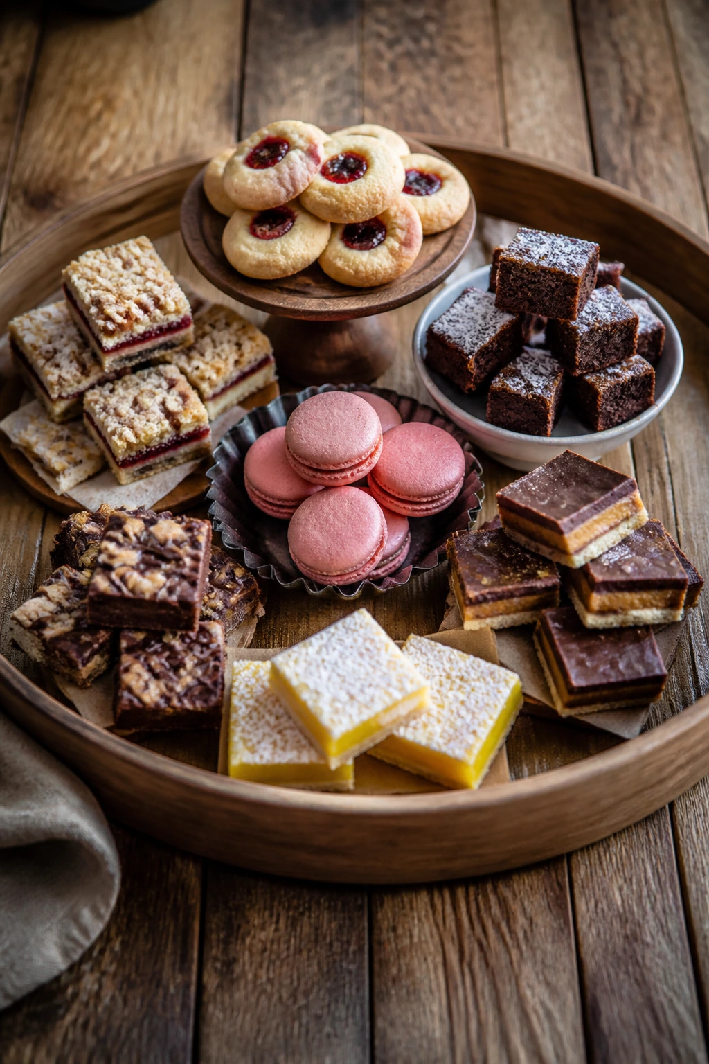 Top-down view of a dessert tray with thumbprints, brownies, macarons, and bars
