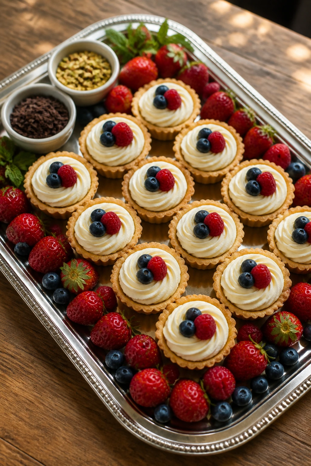 Dessert tray with tartlets and berries on a table