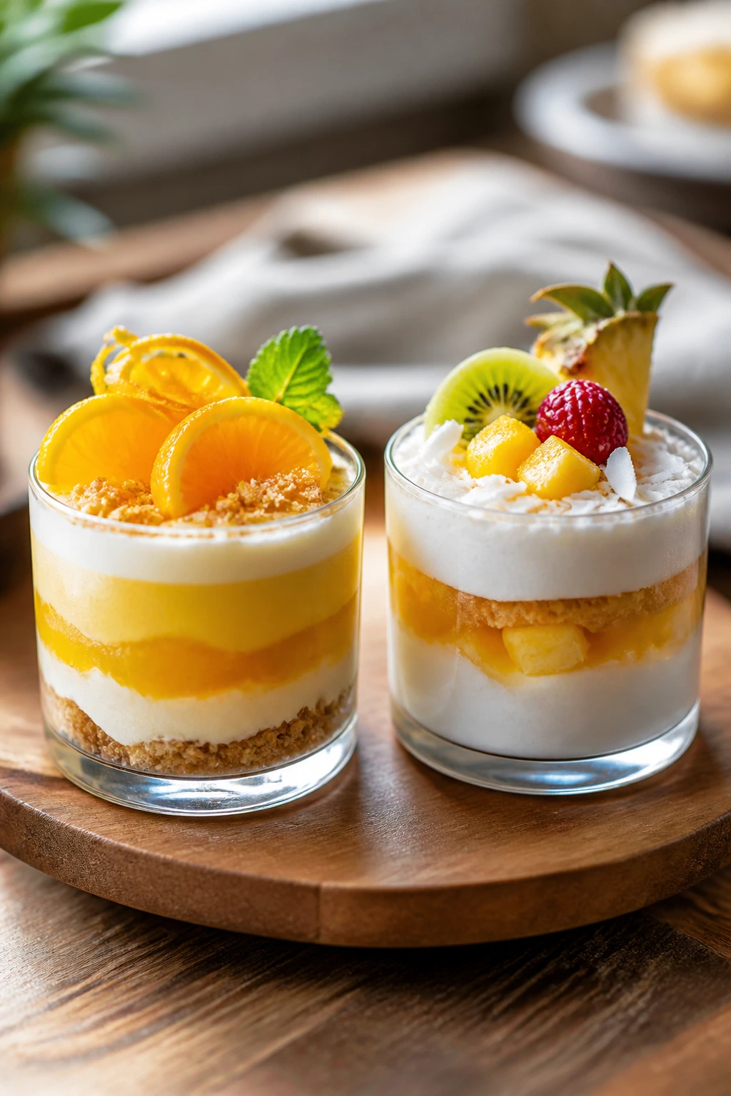 Two dessert cups showing citrus-forward and dairy-free variations