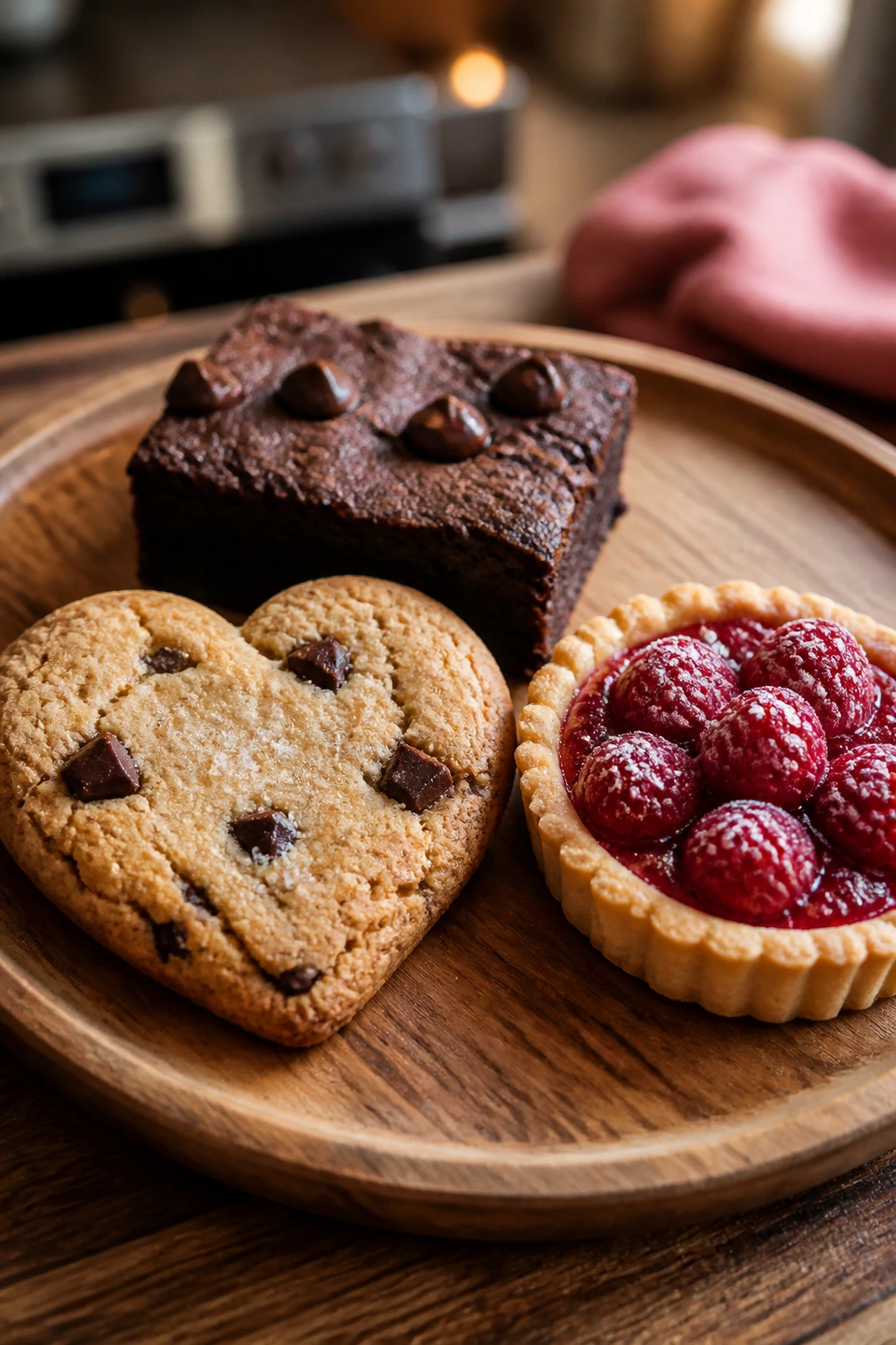 Dessert board showing gluten-free cookie, dairy-free brownie, and raspberry tartlet