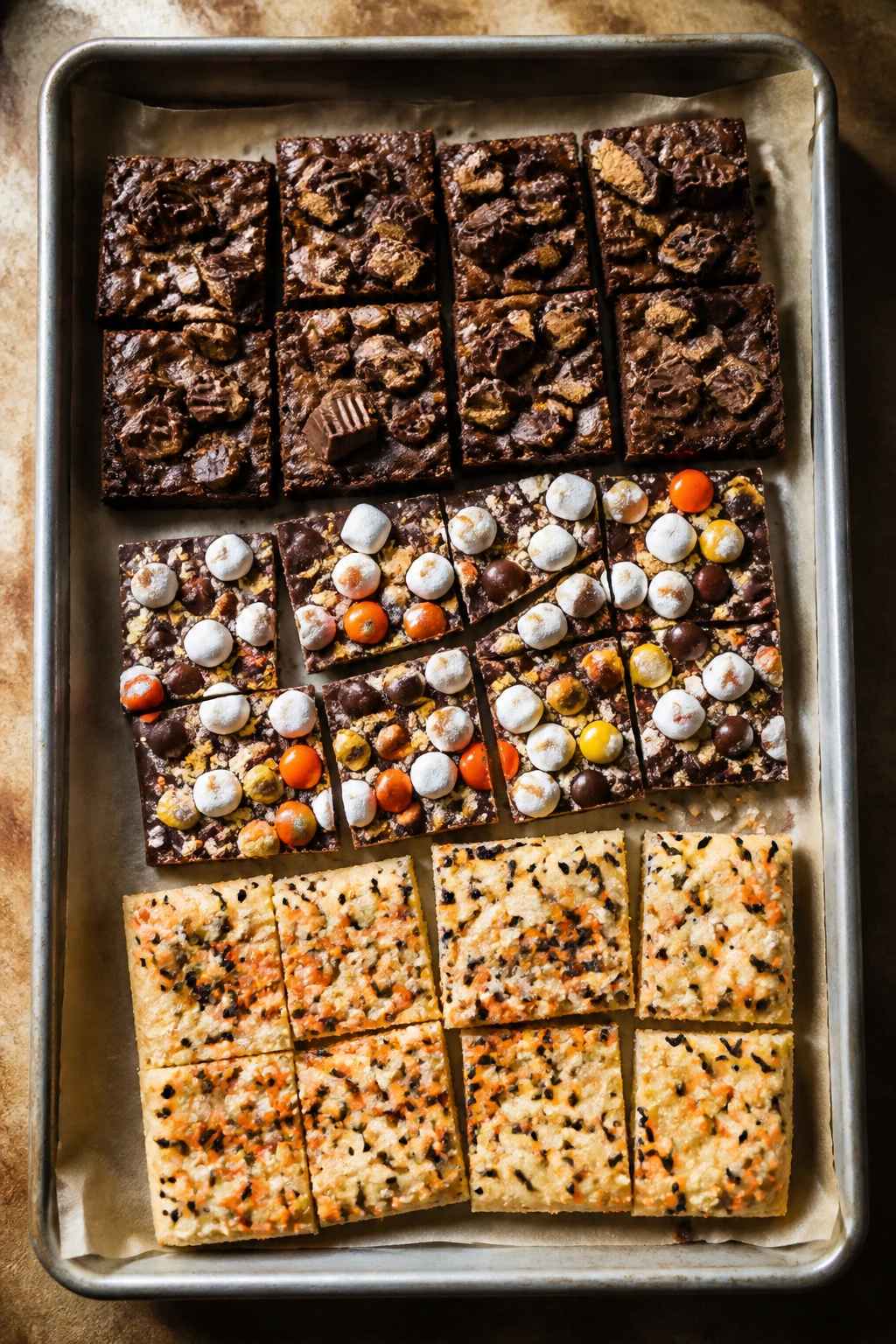 Top-down view of Halloween dessert variations on a baking sheet