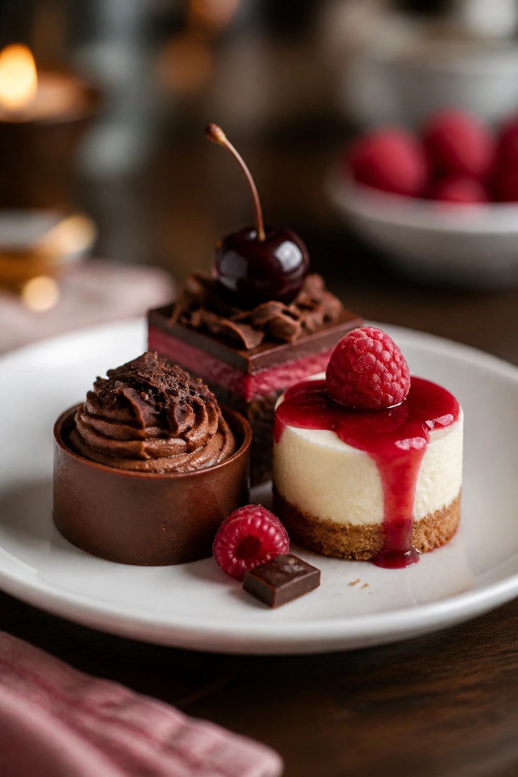Close-up of a plate with three elegant bite-size desserts featuring chocolate and berries.