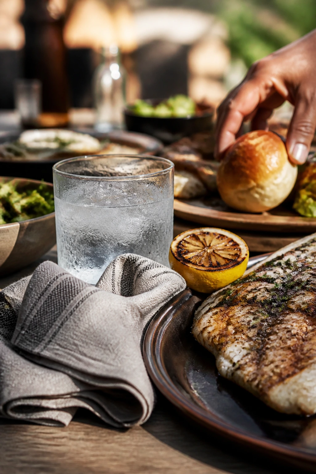 Close-up of napkin, condensation glass, charred lemon and hand near a bun on a backyard table