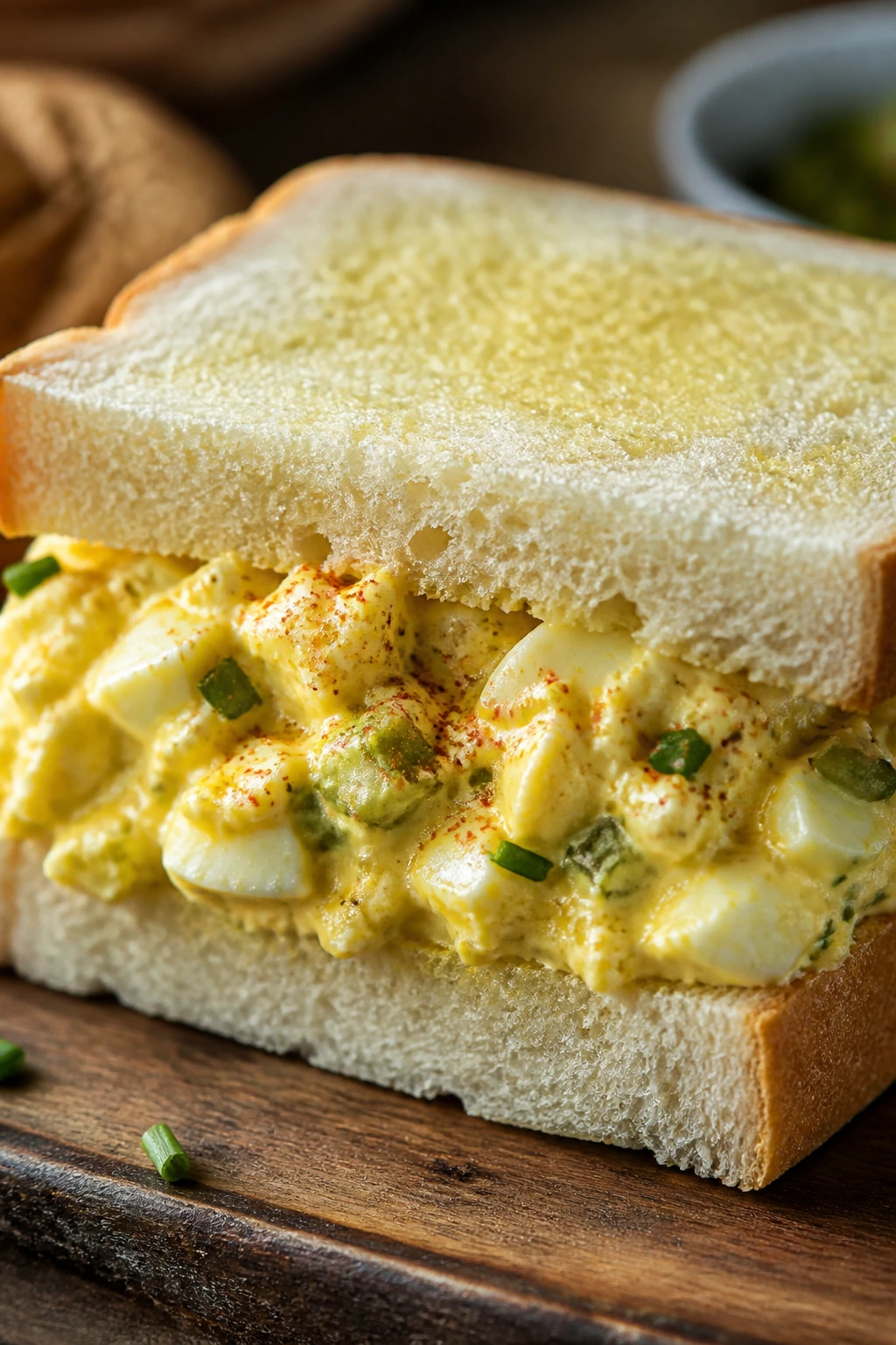 Close-up of Deviled Egg Salad Sandwich on soft bread