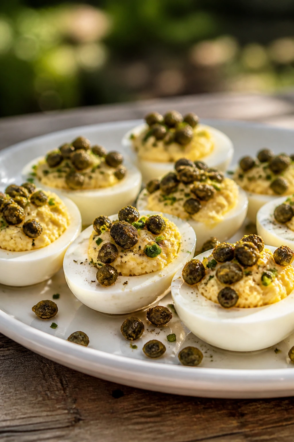 Deviled eggs topped with crispy capers on a plate