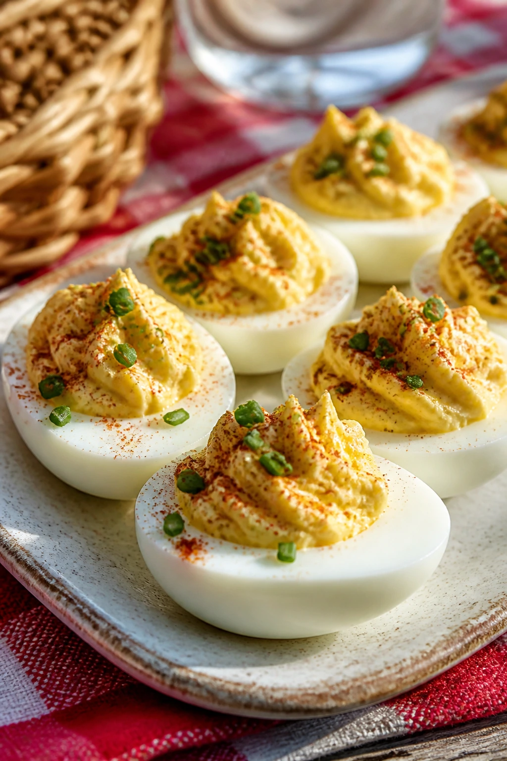 Deviled eggs with chives and paprika on a plate.