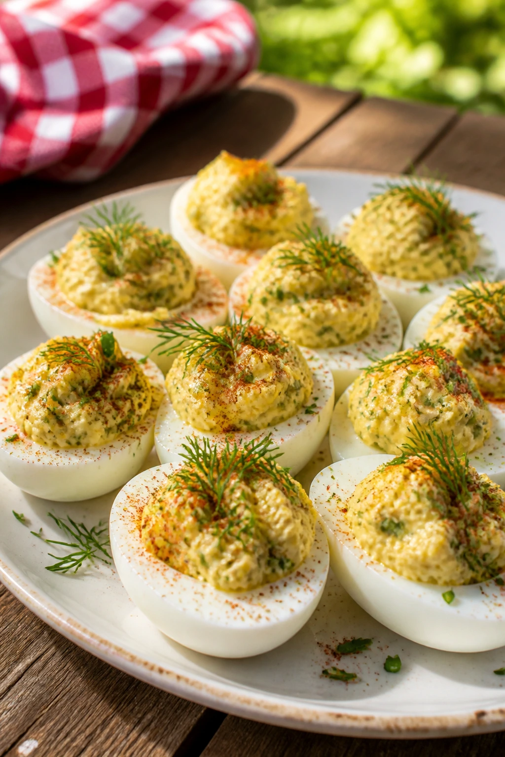 Close-up of dill deviled eggs on a plate garnished with dill and chives.