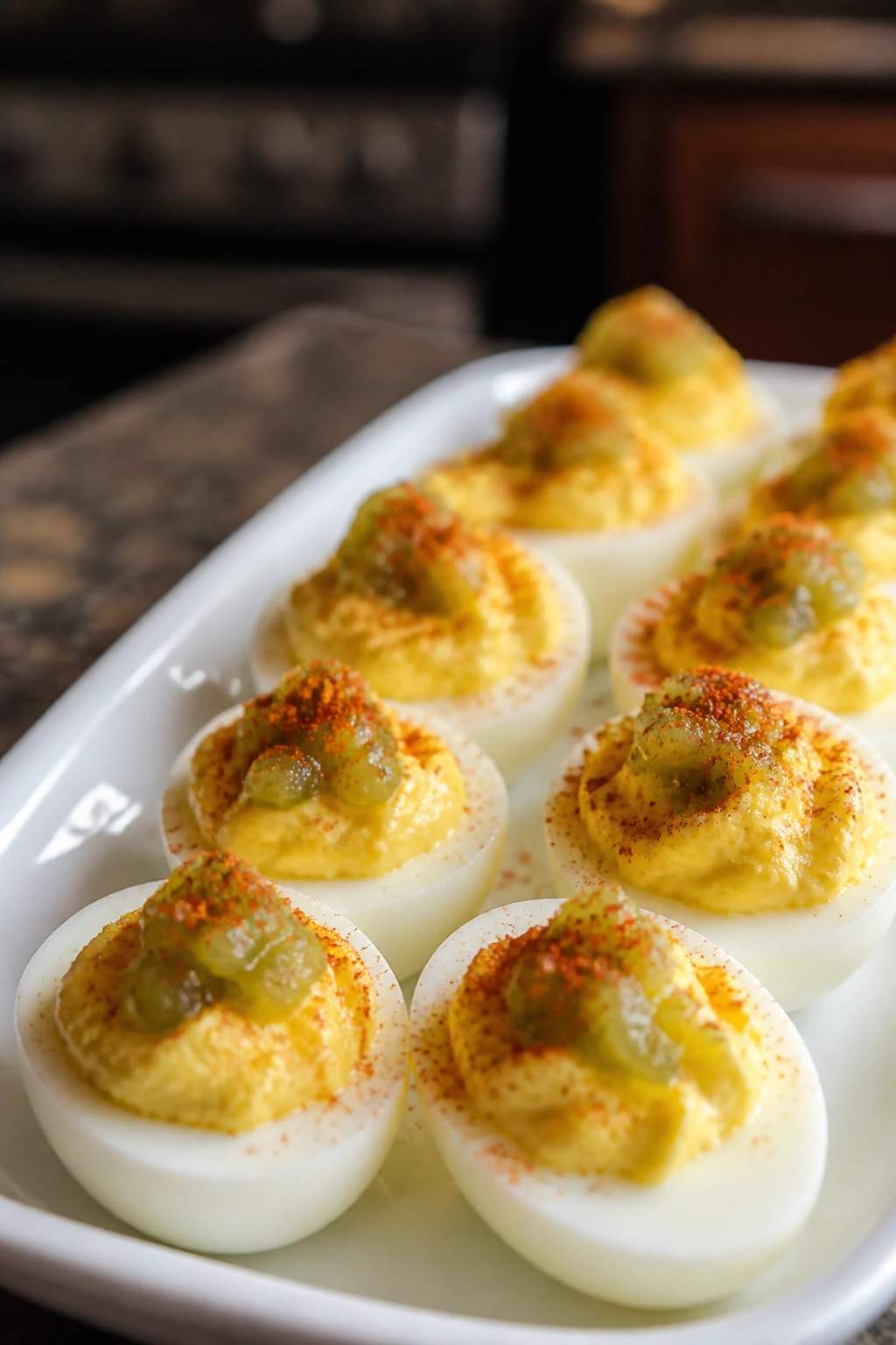 Close-up of deviled eggs with paprika on a platter