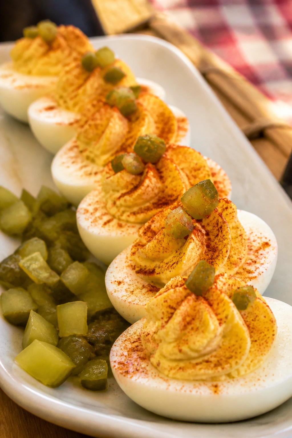 Deviled eggs with paprika and pickles on a platter