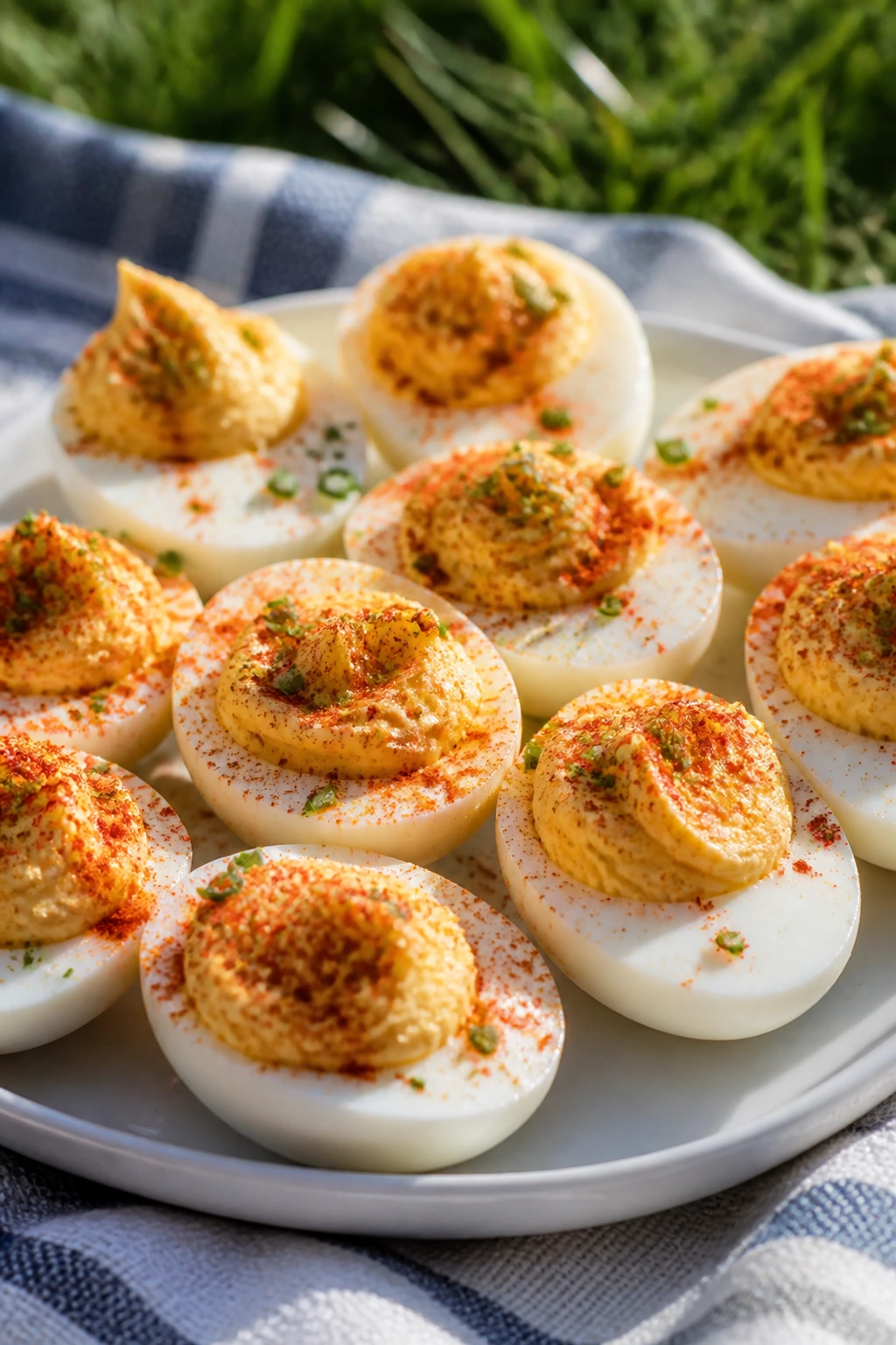 Deviled eggs dusted with paprika on a picnic plate