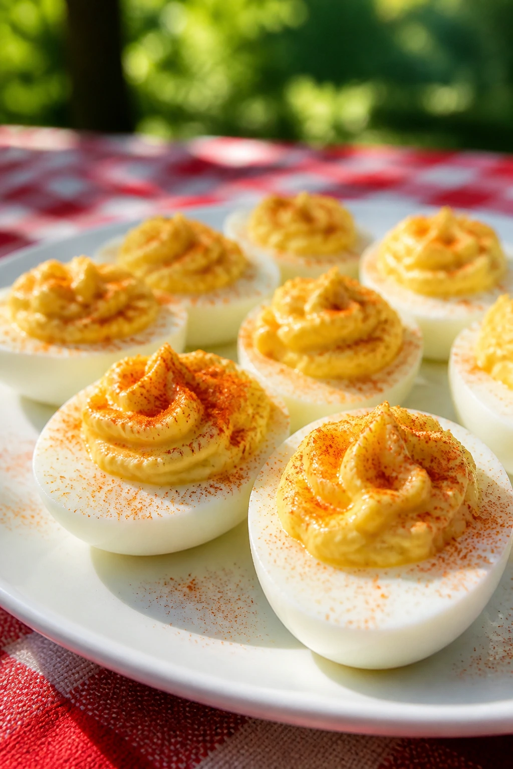 Close-up of deviled eggs halves with paprika on a rustic picnic plate