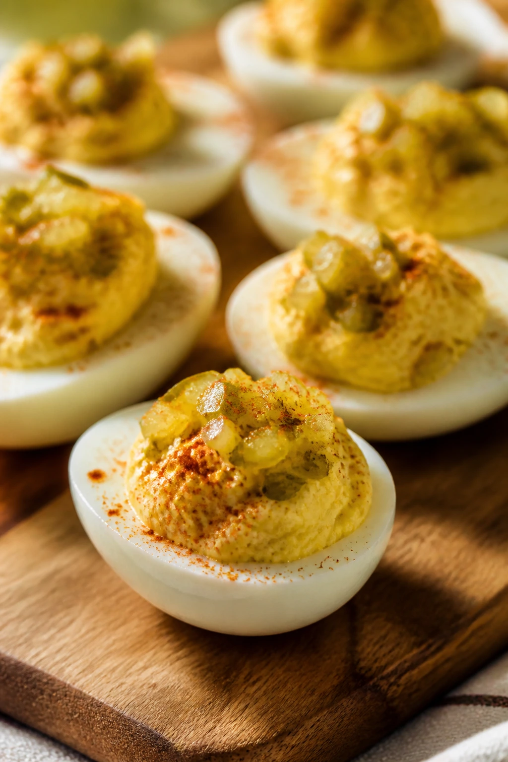 Close-up of deviled eggs with pickle relish on a rustic board