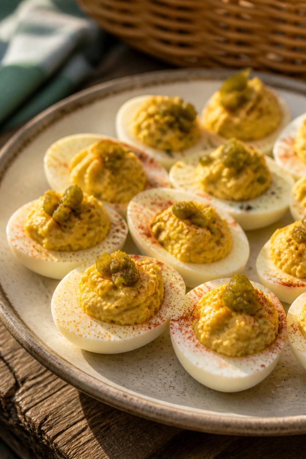 Deviled eggs with pickle relish on a rustic tray outdoors