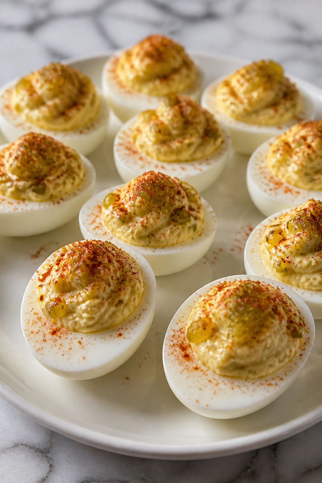 Deviled eggs with paprika garnish on a platter
