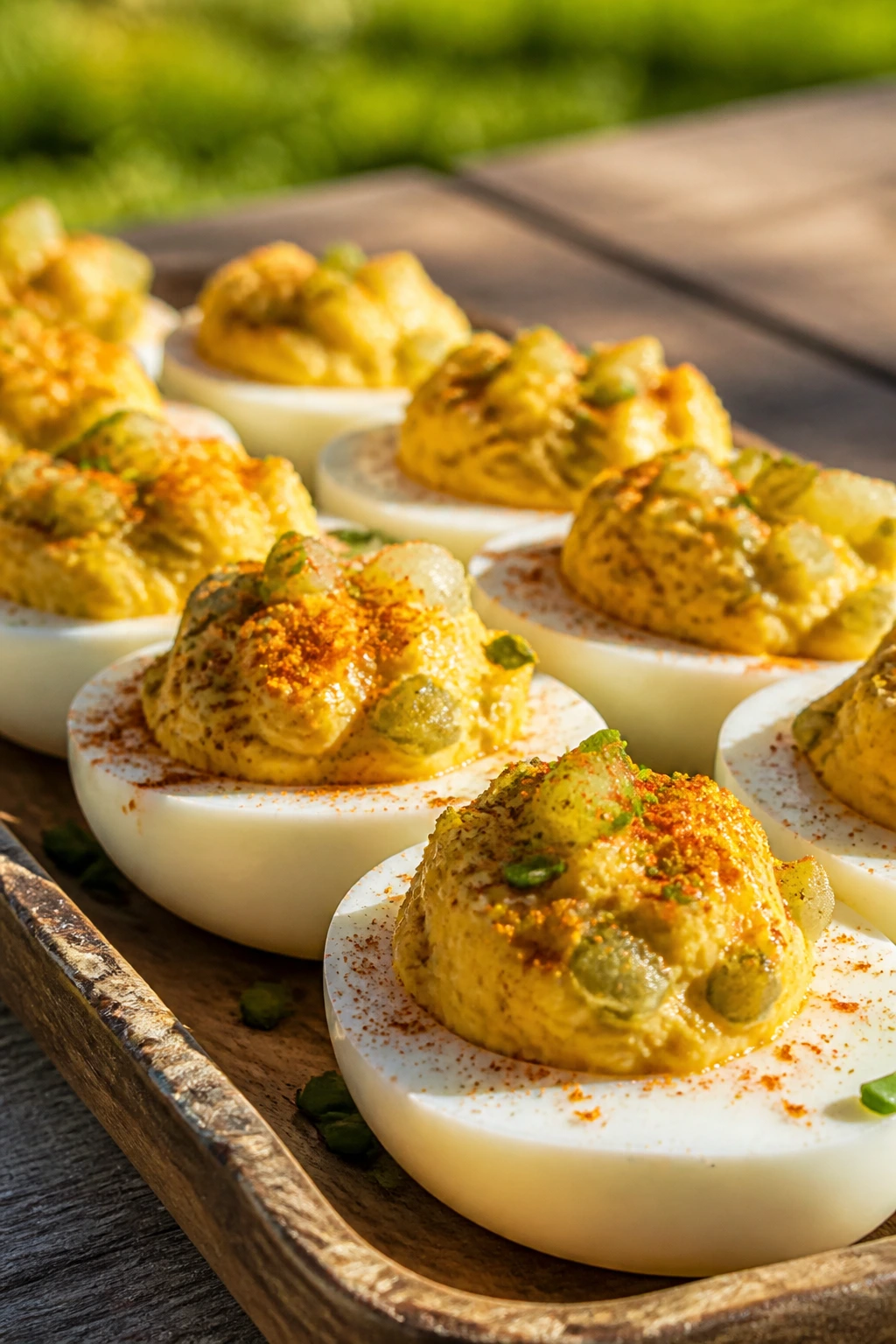 Close-up of deviled eggs with relish and paprika on a rustic picnic platter