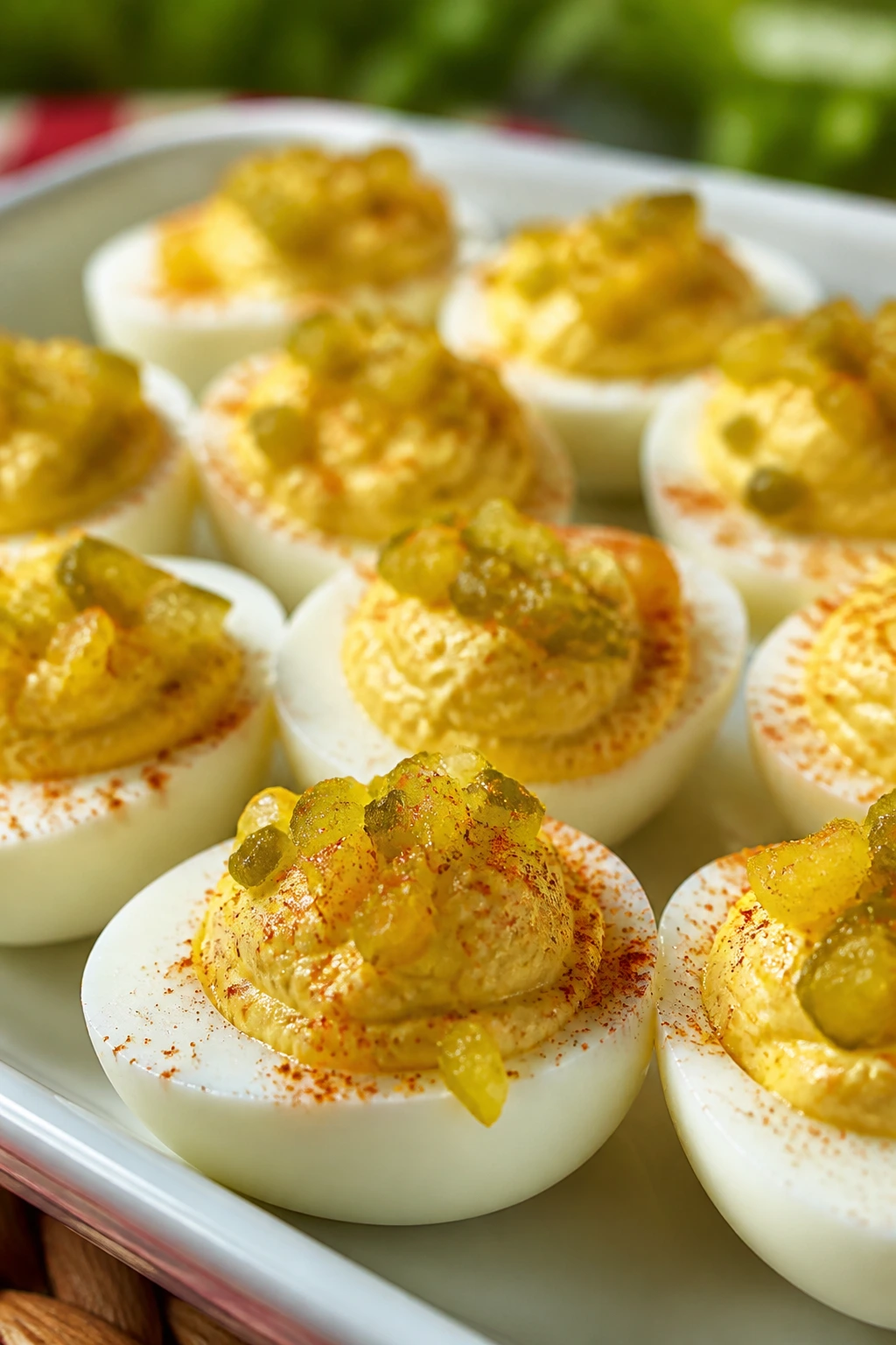 Deviled eggs on a tray with pickle relish garnish at a picnic