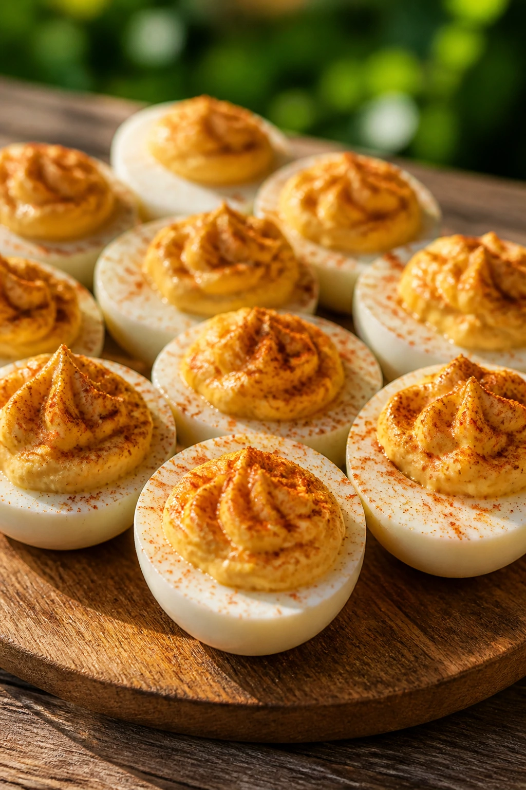 Close-up of smoked paprika deviled eggs on a wooden board outdoors
