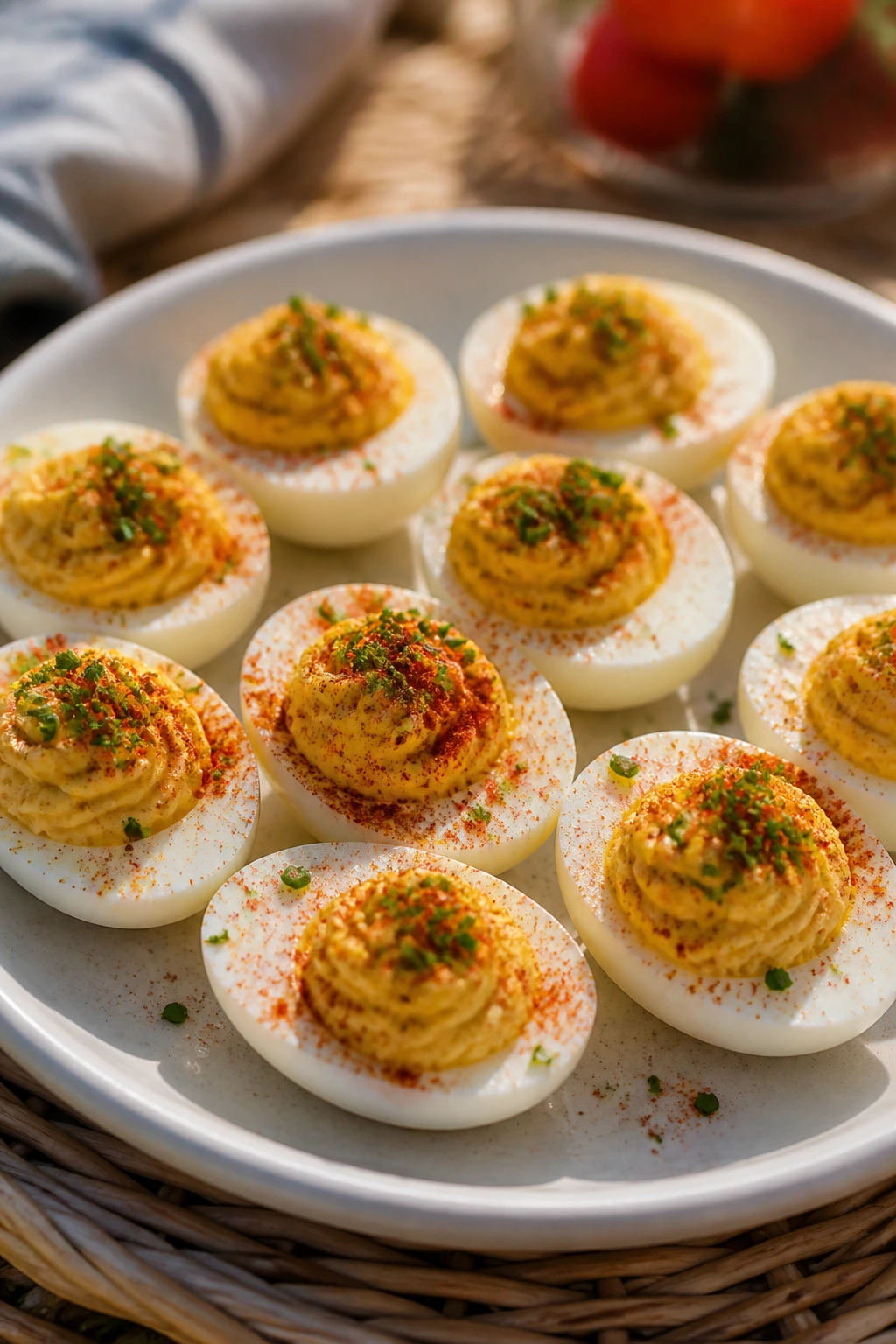 Deviled eggs with paprika and chives on a plate outdoors.