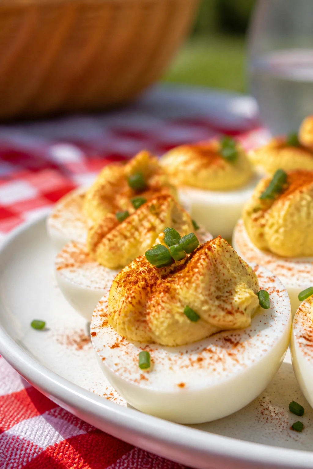 Close-up of deviled eggs with smoked paprika on a picnic table