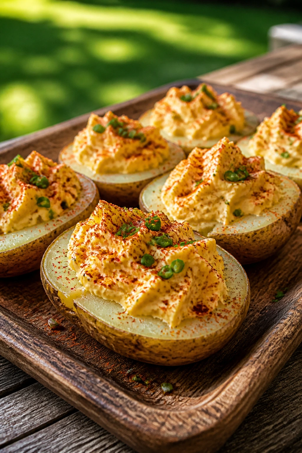 Close-up of deviled potatoes with paprika and chives on a rustic tray outdoors.