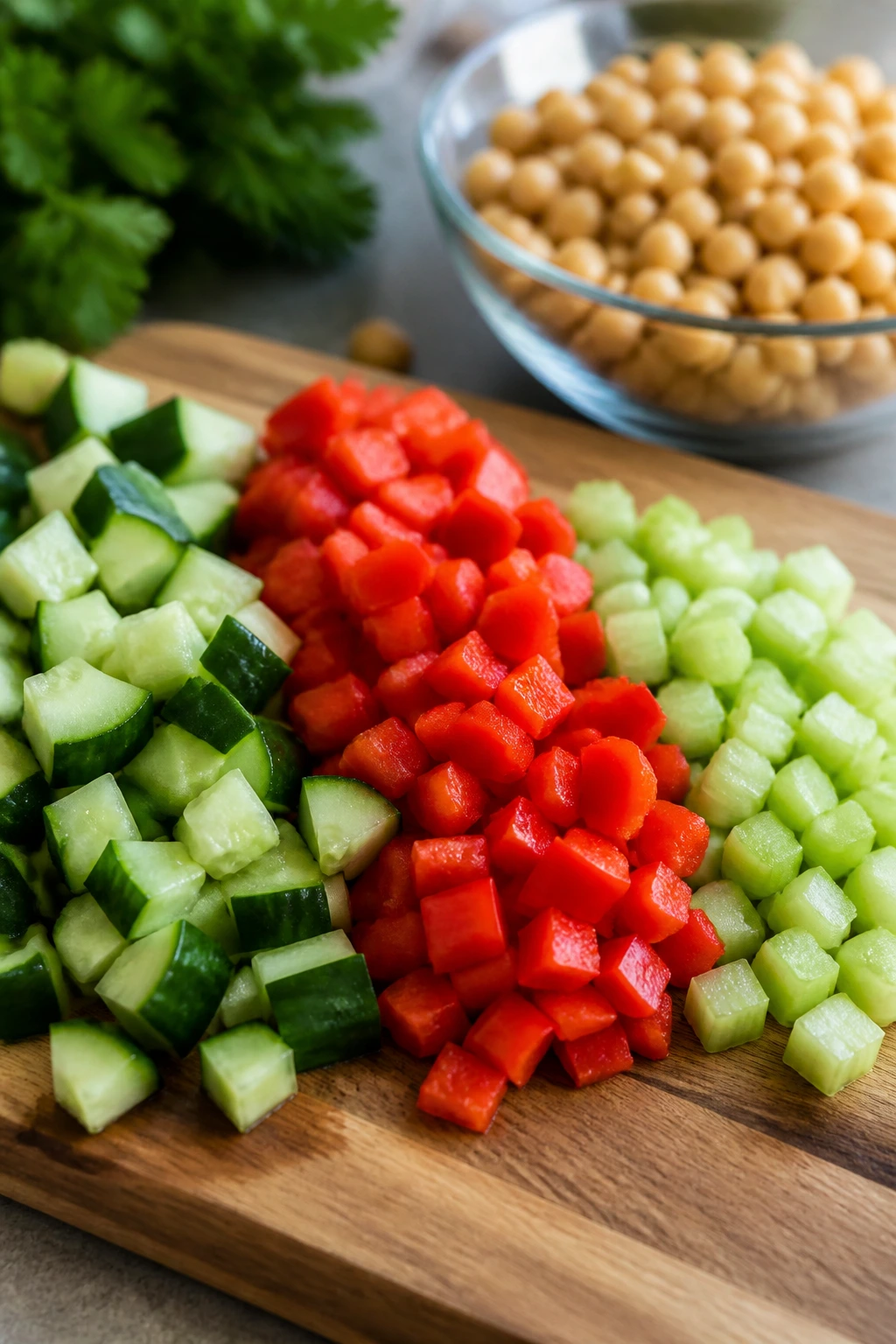 Evenly diced cucumber, pepper, and celery on cutting board