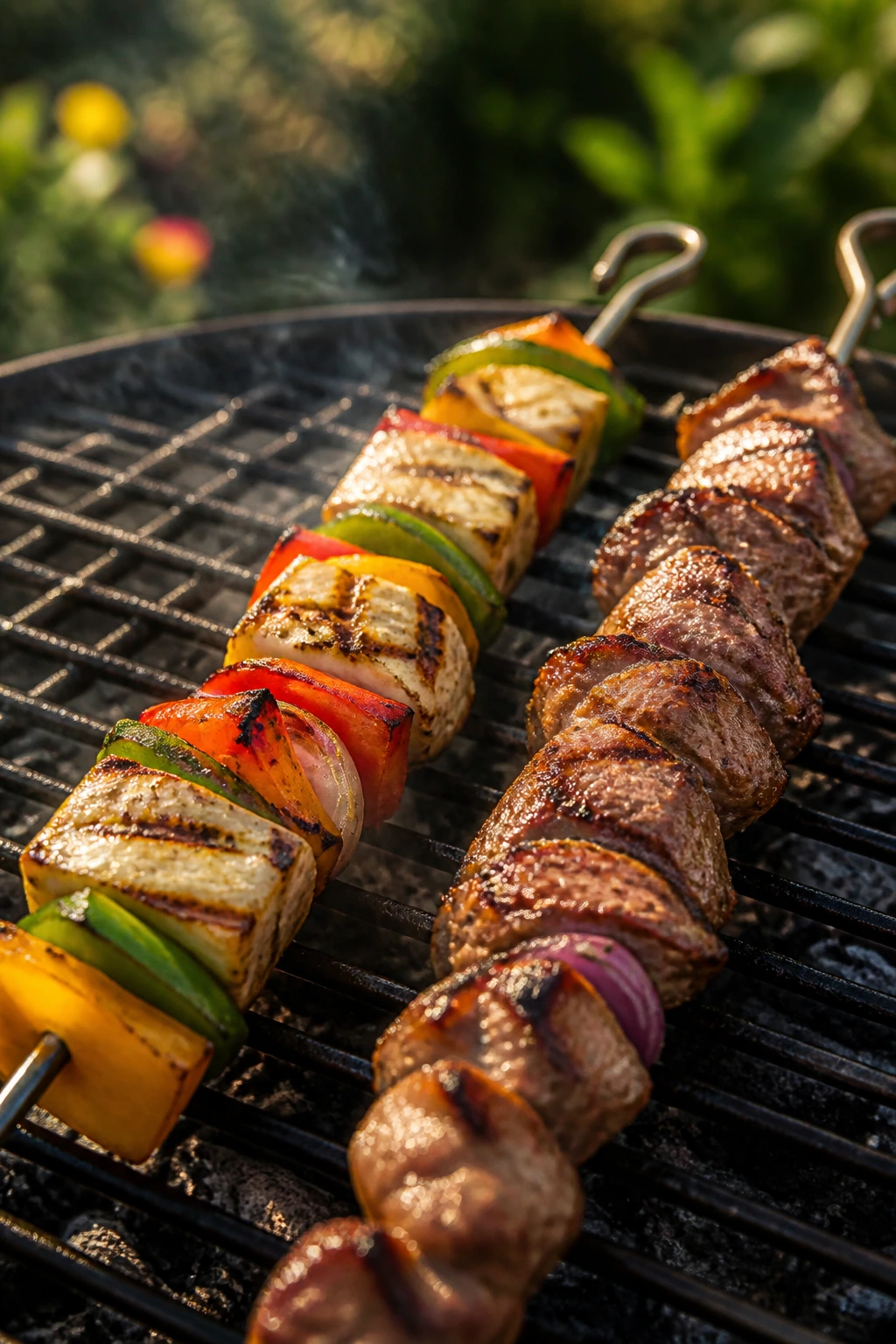 Two skewers on a grill showing diet-friendly swaps