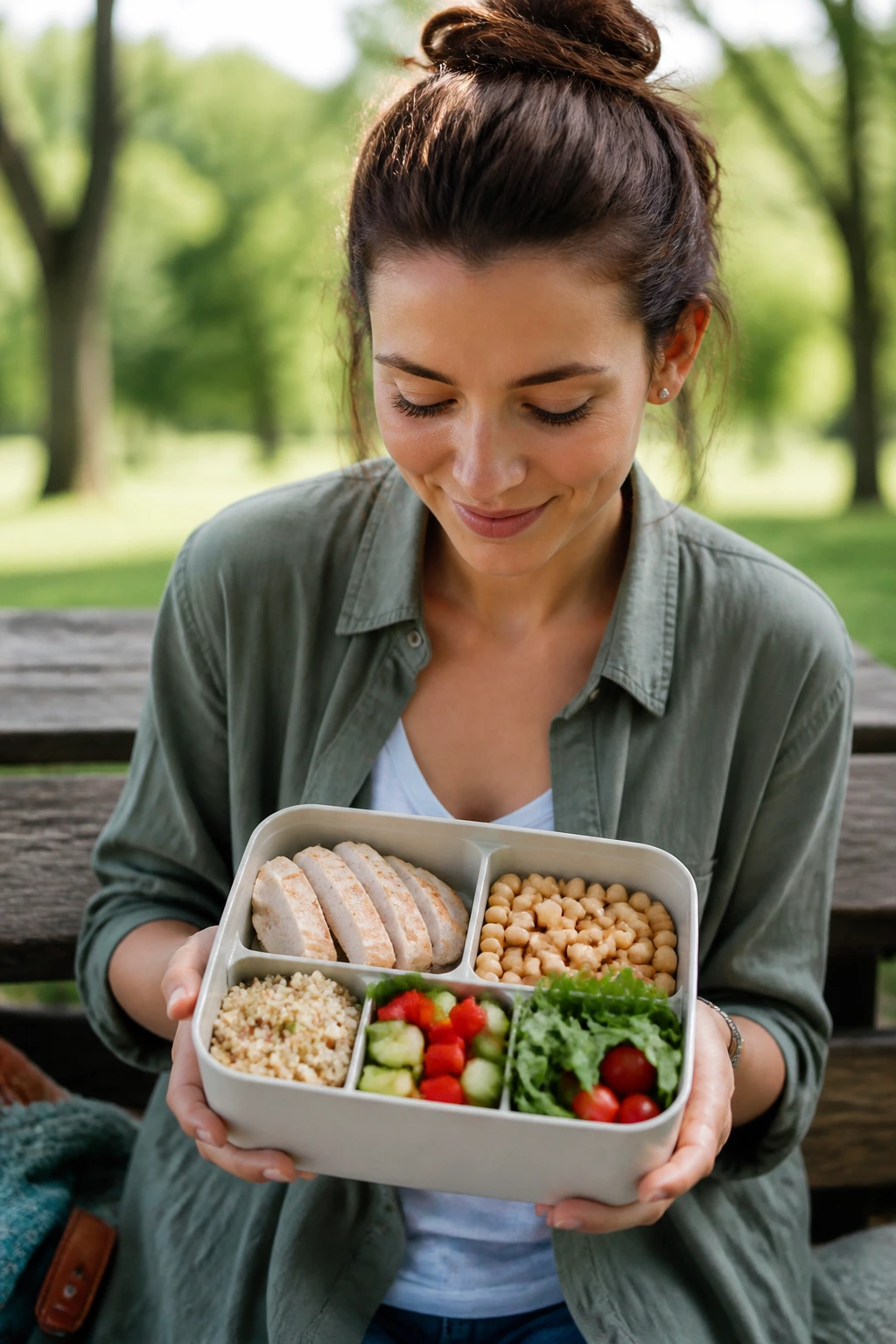 Person outdoors holding a divided lunch box showing protein-forward swaps for different diets