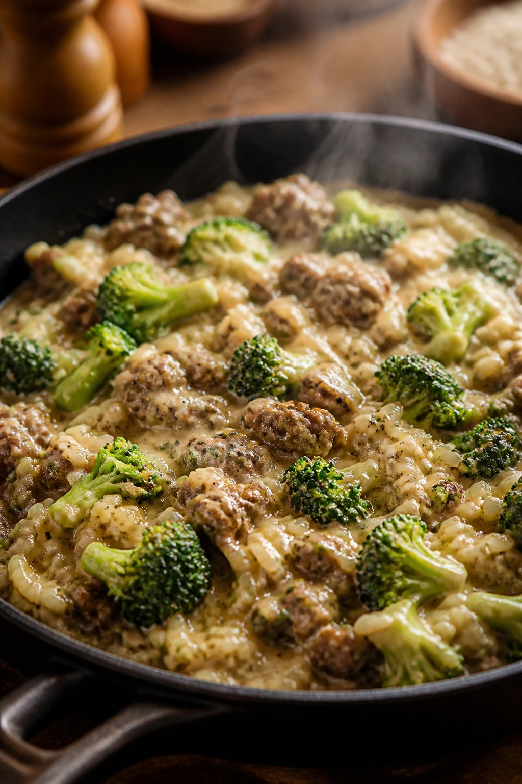 Dijon Cream Beef Broccoli Rice Skillet in a creamy sauce