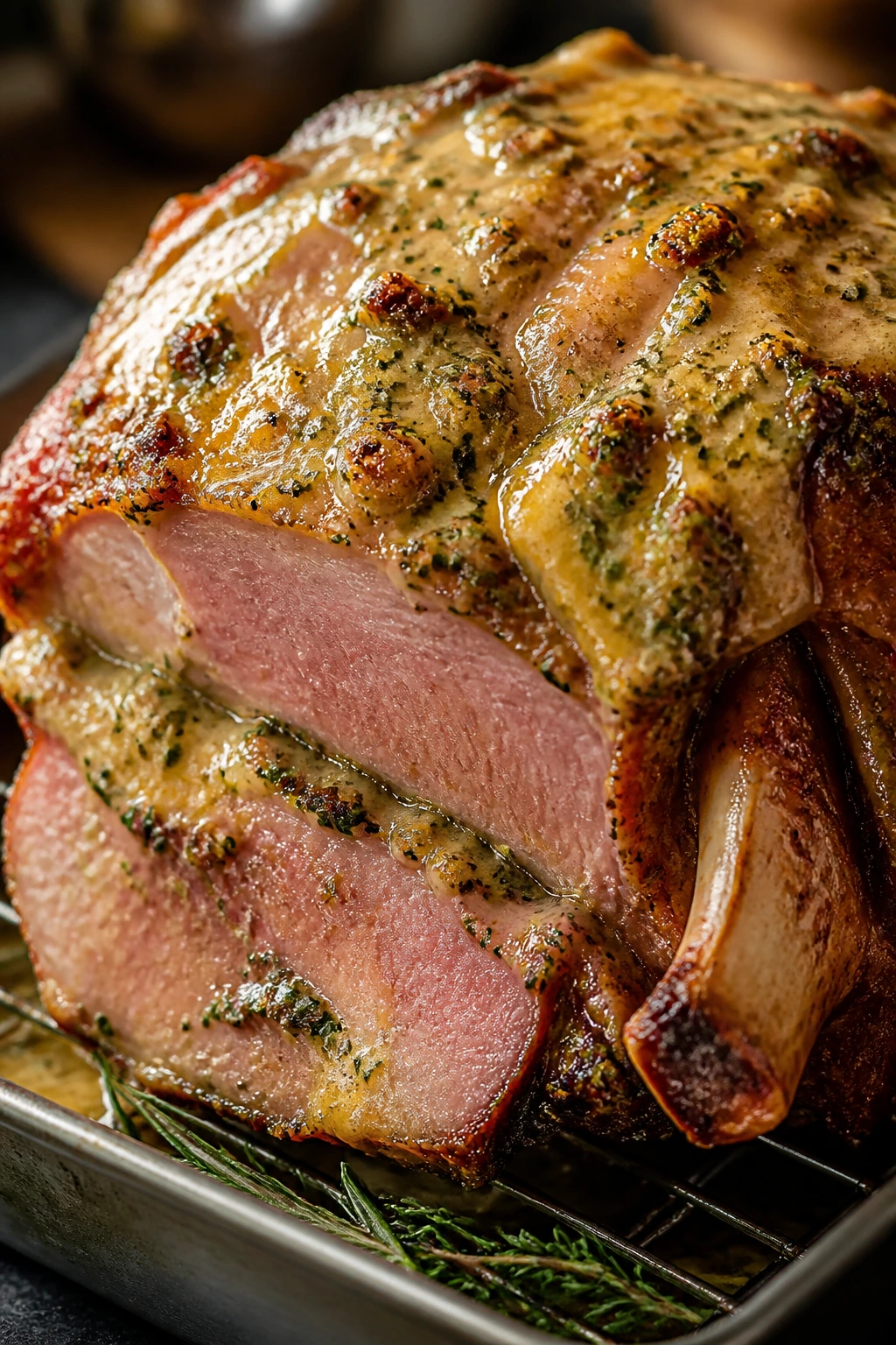 Close-up of Dijon herb glaze on roasted ham