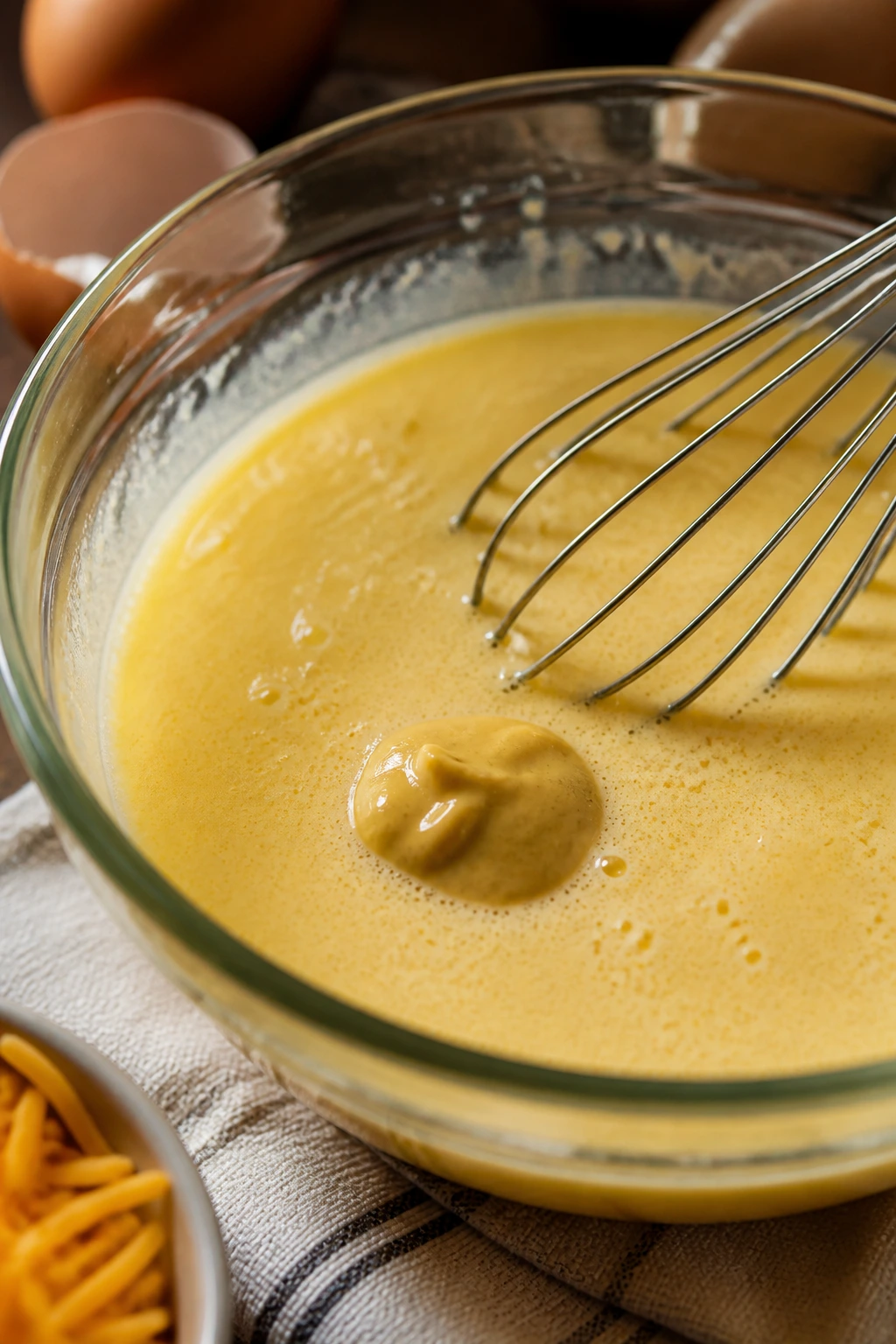 Whisk with Dijon mustard forming into egg custard