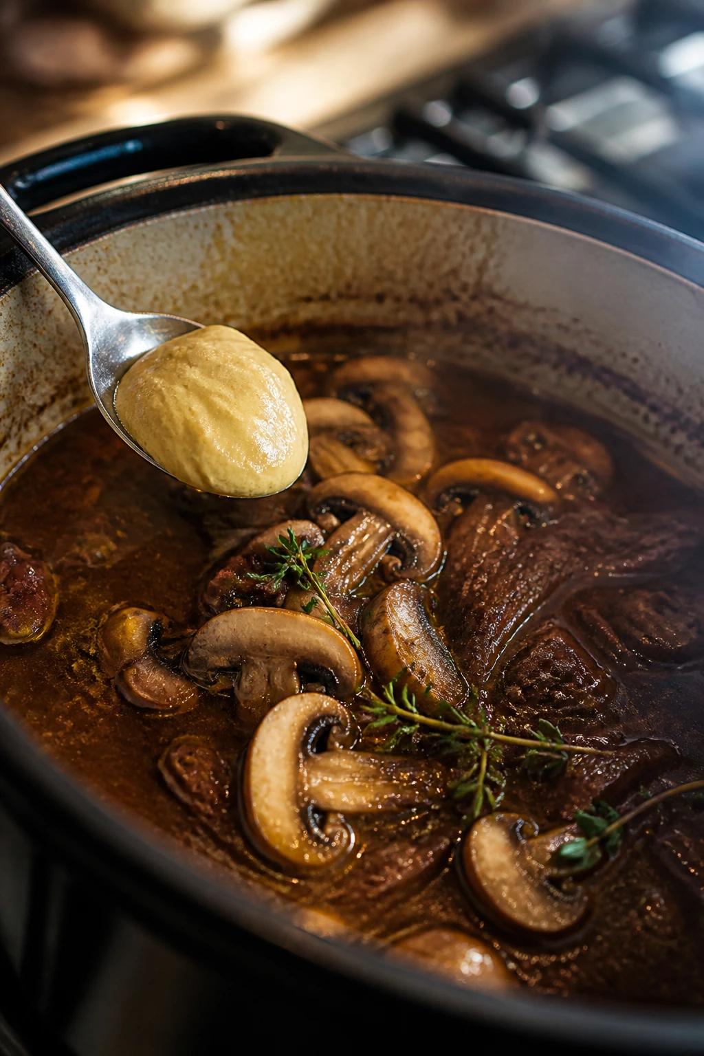 Close-up of braising liquid with Dijon mustard and mushrooms in view