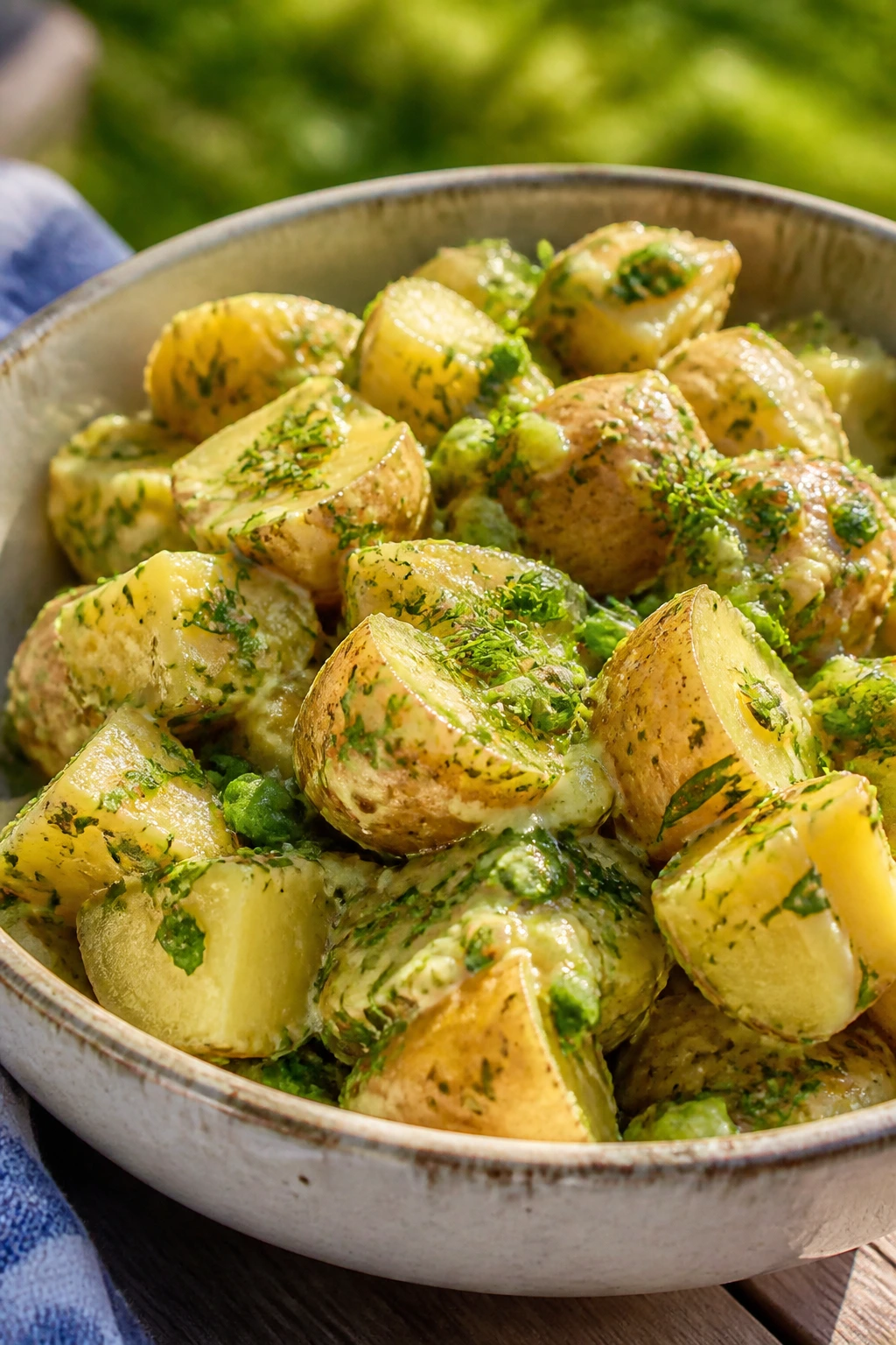 Close-up of Dijon potato salad with herbs in a bowl at picnic