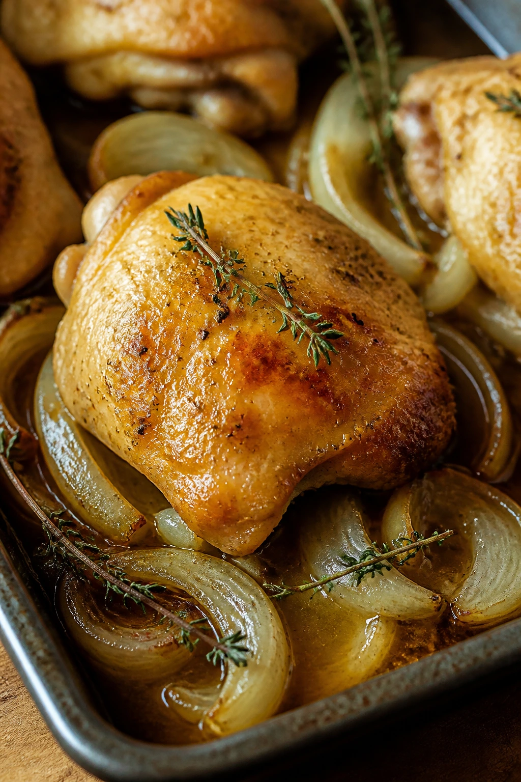 Close-up of Dijon-glazed chicken thigh with onions and thyme in a roasting pan