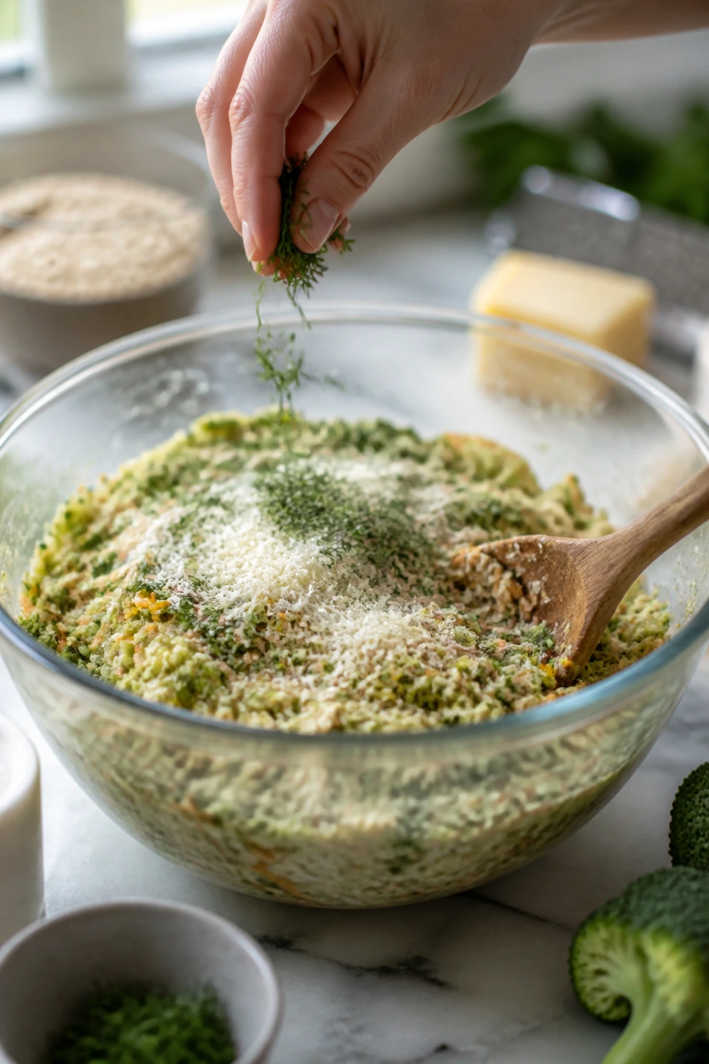 Hand sprinkling dill into veggie batter in a bright kitchen