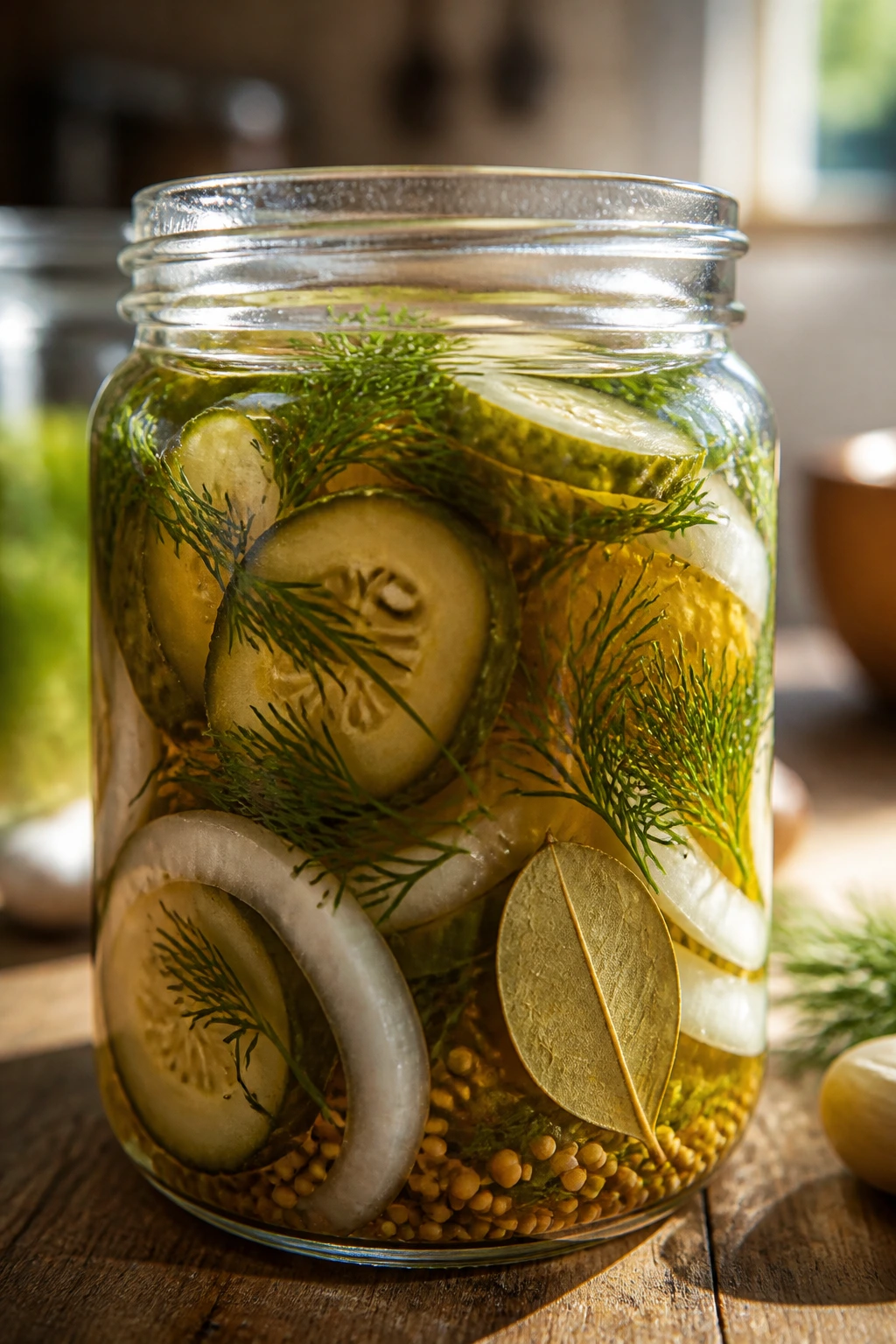 Jar of quick-pickled vegetables showing dill, bay leaf, and mustard seeds in brine.
