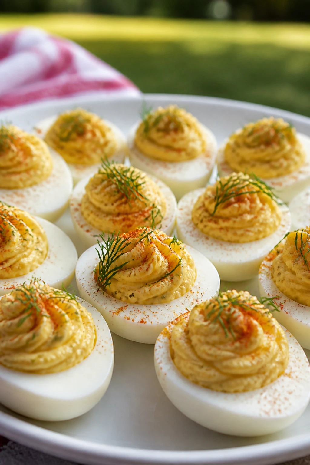 Close-up of dill deviled eggs on a white plate at a sunny picnic setting