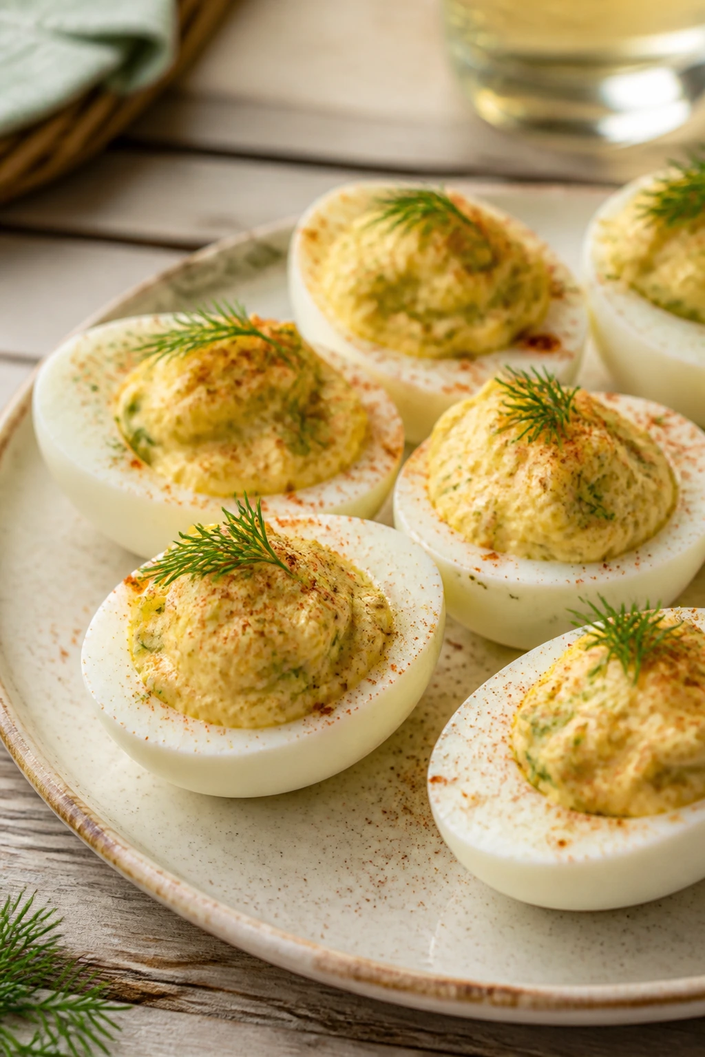 Close-up of dill deviled eggs on a plate with dill garnish
