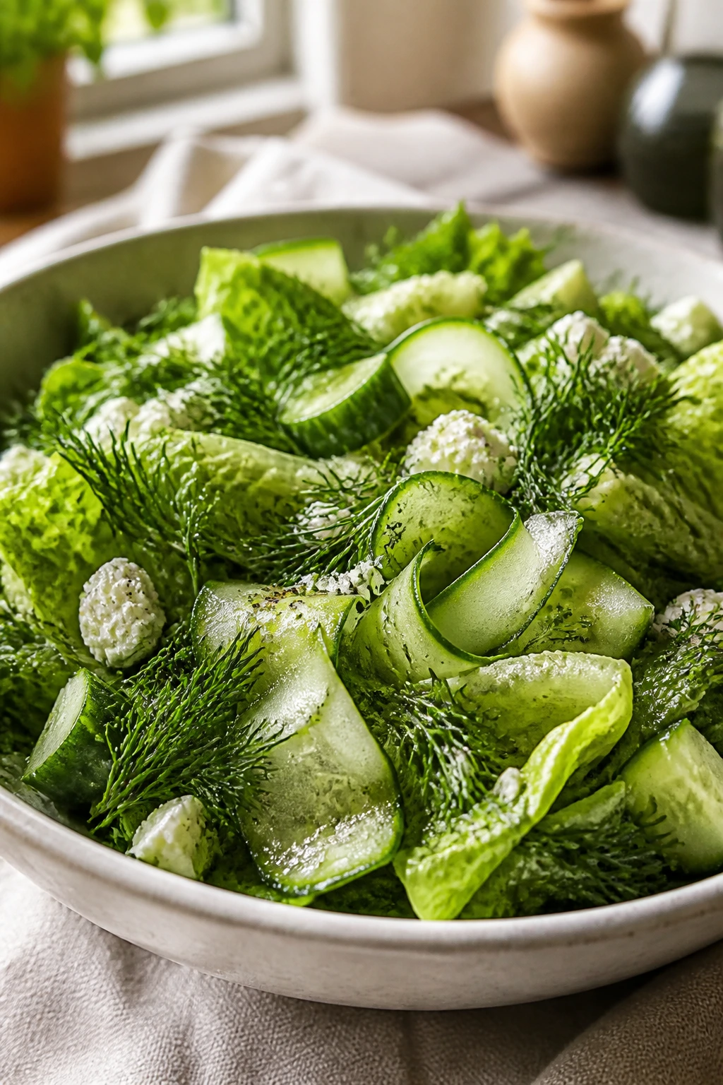 Dill-forward salad variation with cucumber ribbons in a bowl