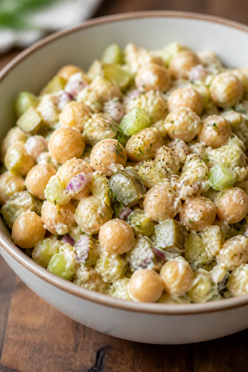 Close-up of dill pickle chickpea salad in a bowl on a wooden table