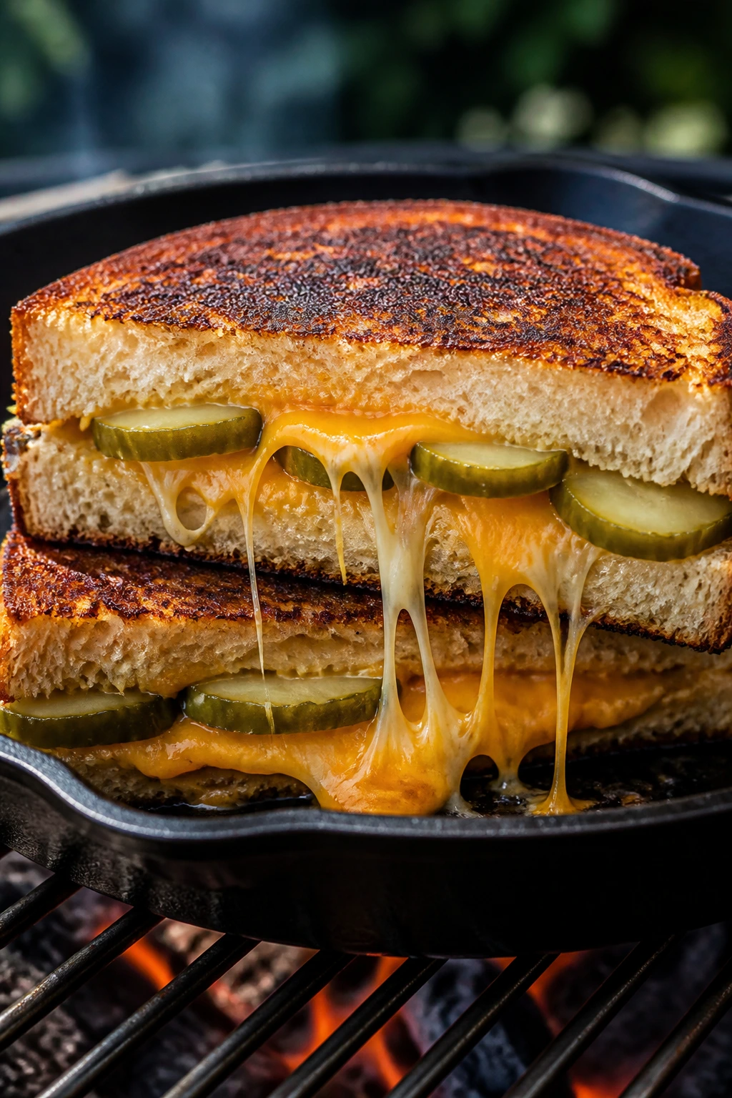 Close-up of dill-pickle melt grilled cheese on a backyard grill.