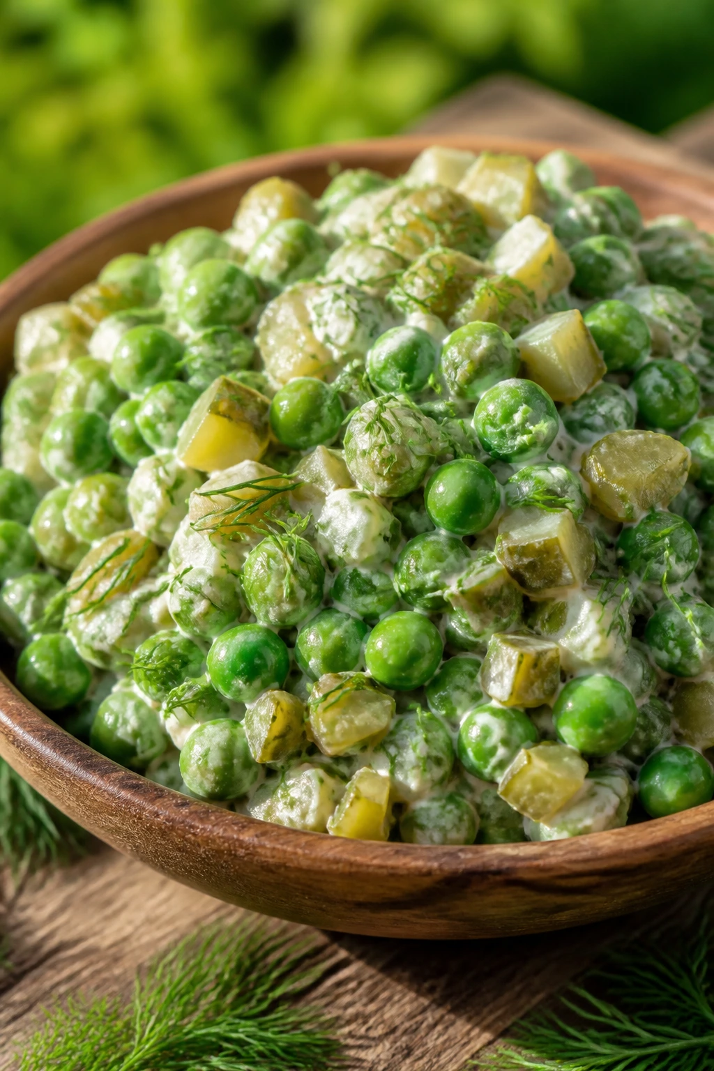 Close-up of Dill Pickle Pea Salad with pickles and dill