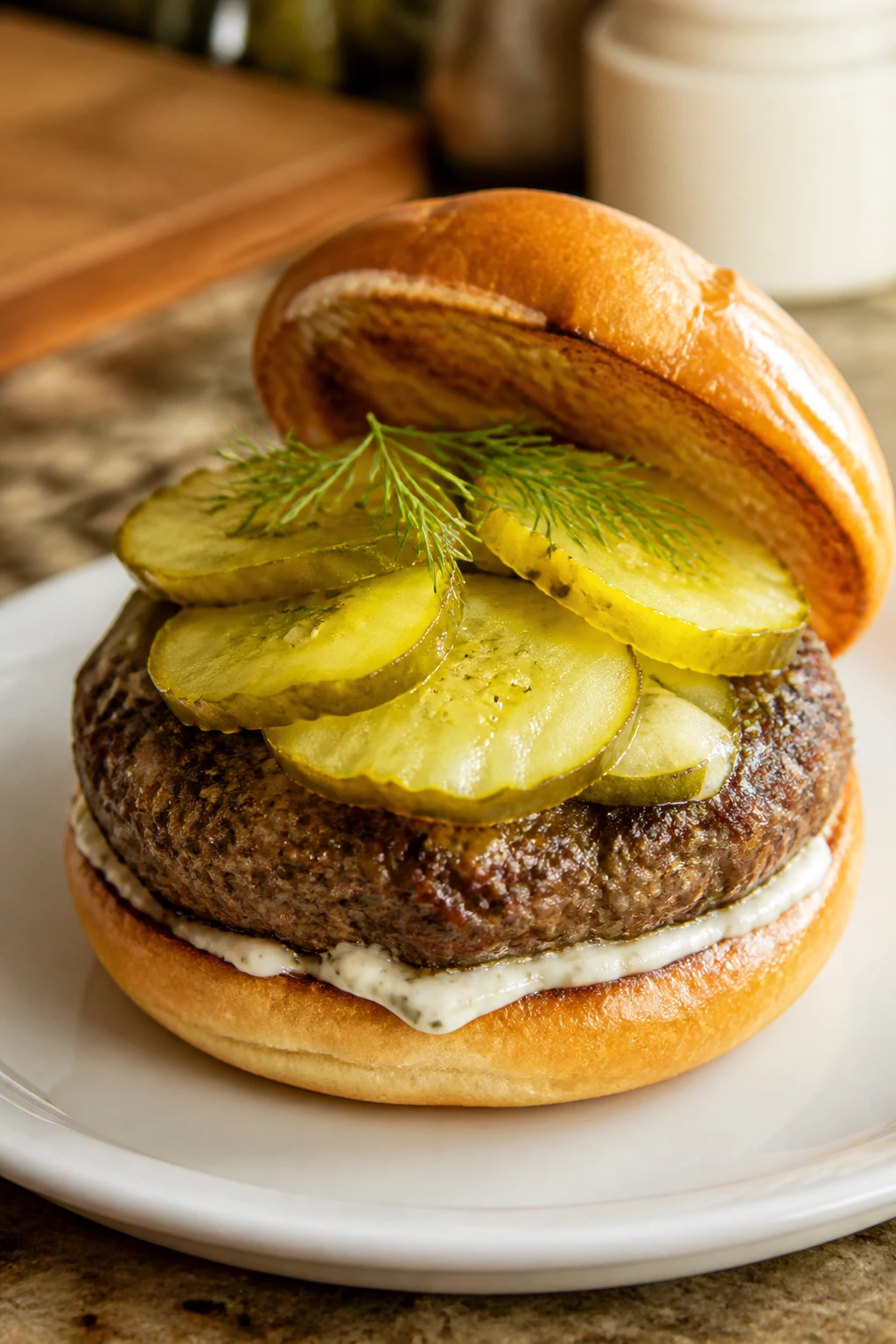 Beef patty with ranch spread and dill pickle chips on a bun