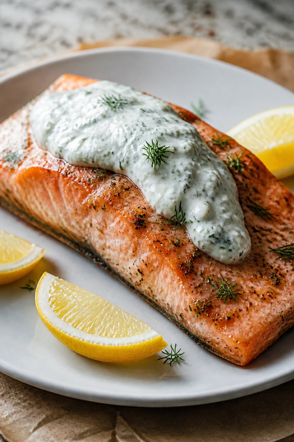 Salmon fillet with dill yogurt sauce plated with lemon wedges.